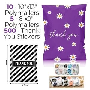 Shipping Bundle - Polymailers, Thank You Stickers - Purple Daisies - Black/White